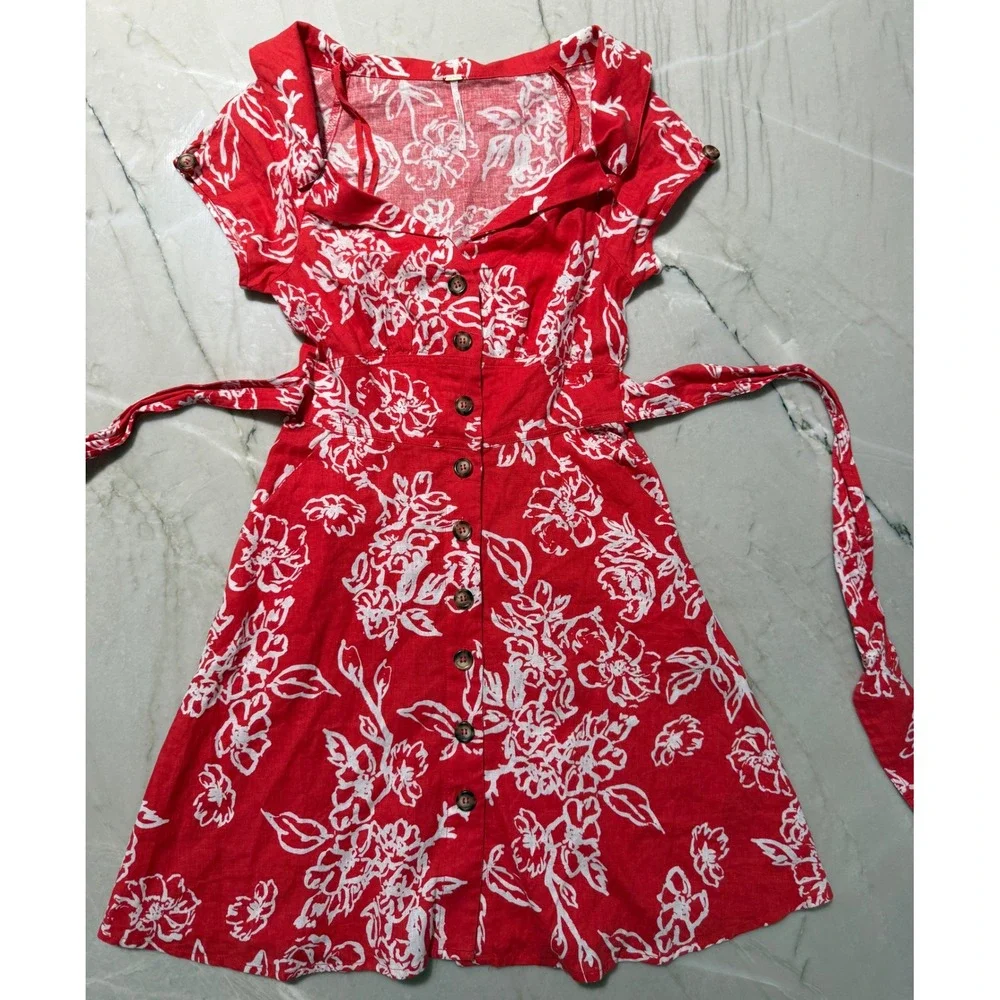 Free People Red White Floral Linen Blend Button Front Tie Waist Mini Dress 0 #56